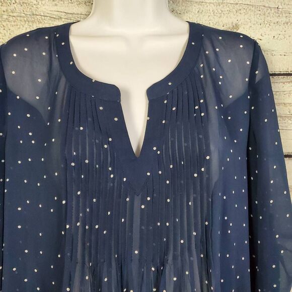 Daniel Rainn Navy Blue Polka Dot Sheer Tunic Top M Long Sleeve Lined - Picture 2 of 8